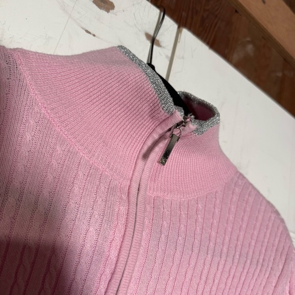 Ralph Lauren Full Zip Cable Knit Sweater Pink and Silver Size Small Mock Neck - Picture 7 of 11